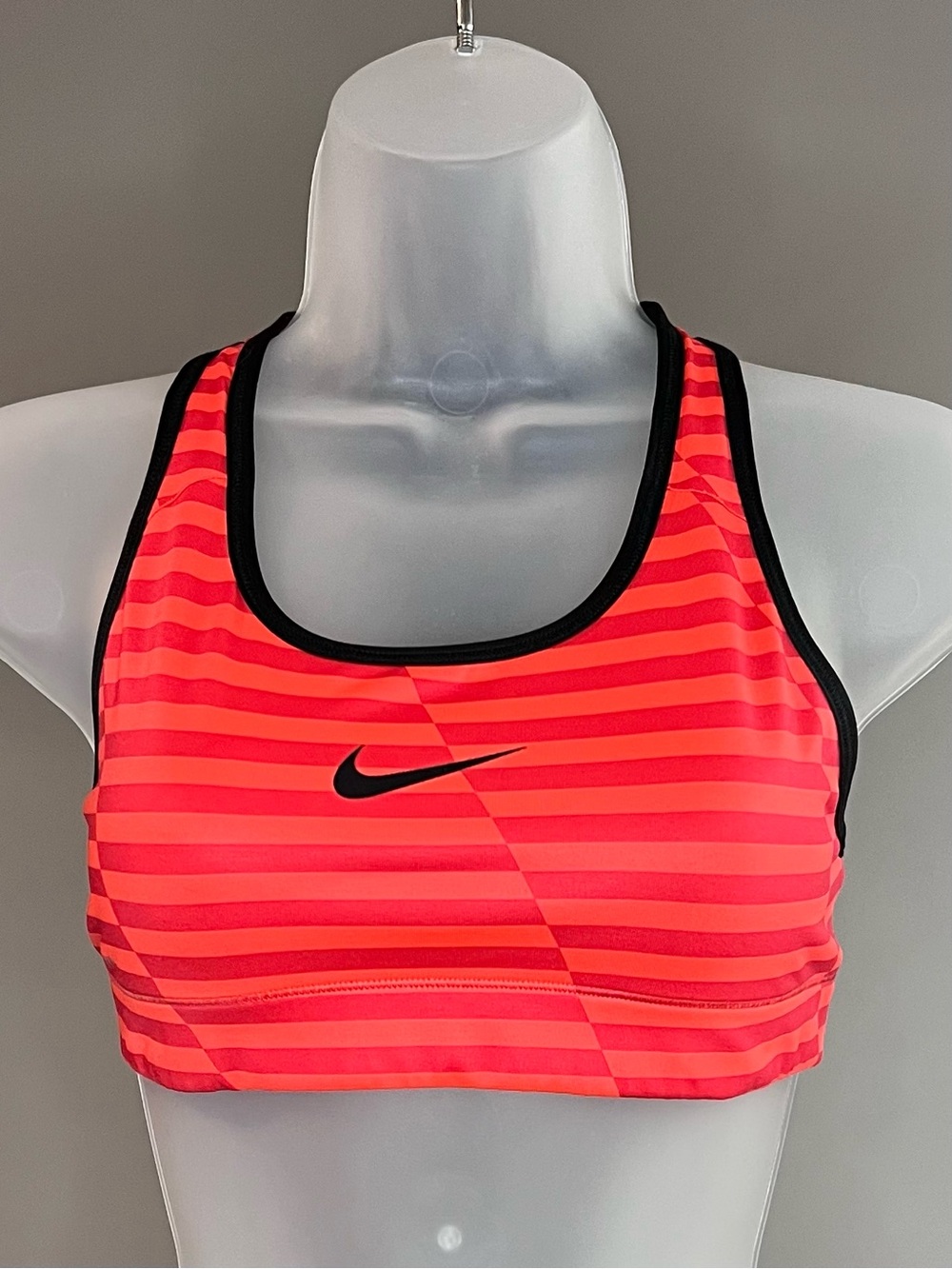 Nike Women's Orange and Red Striped Racerback Sports Bra with Black Trim